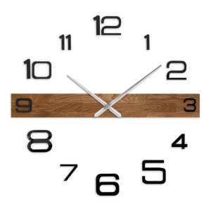 Large wooden wall clock with black Arabic numerals and dark hands, suitable for the living room.