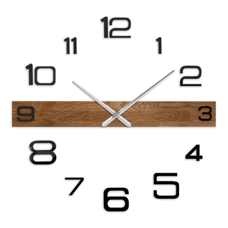 Large wooden wall clock with black Arabic numerals and dark hands, suitable for the living room.