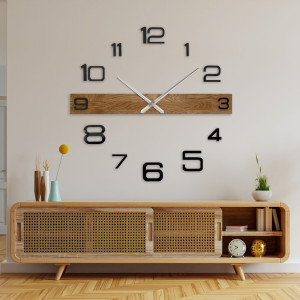 Large wooden wall clock with black Arabic numerals and dark hands, suitable for the living room. 2