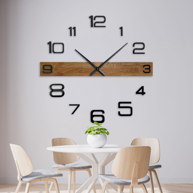 Elegant and modern clock with a wooden center section and black hour markers.