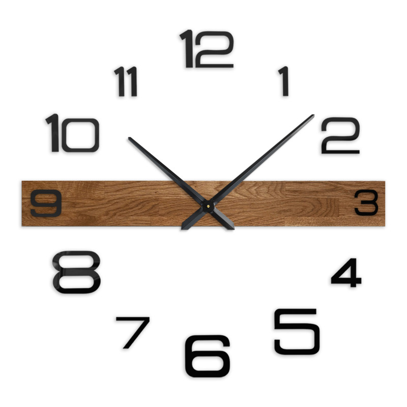 Wooden kitchen clock with dark wood and bright black numbers.