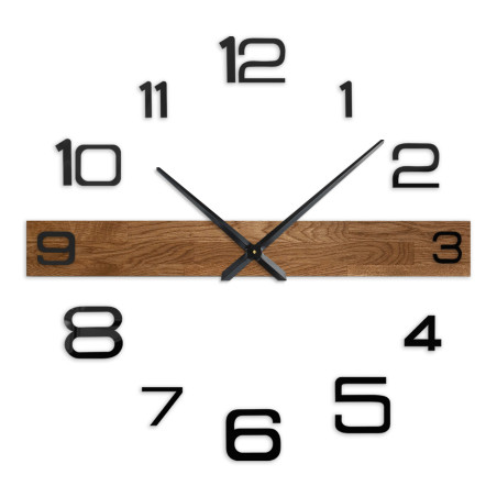 Wooden kitchen clock with dark wood and bright black numbers.