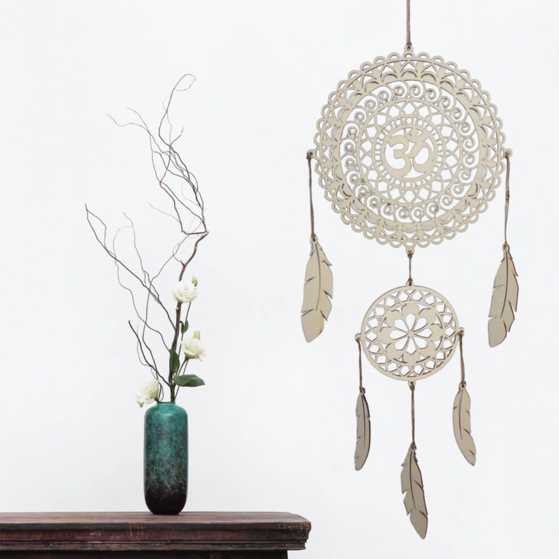 Wooden dream catcher with OM mandala, natural decor for the living room, bedroom or as a spiritual gift.