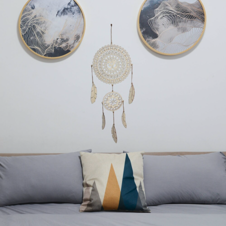 Handmade OM dream catcher made of wood, boho wall decoration, feathers made of poplar plywood. Handmade OM dream catcher made of wood, boho wall decoration, feathers made of poplar plywood.