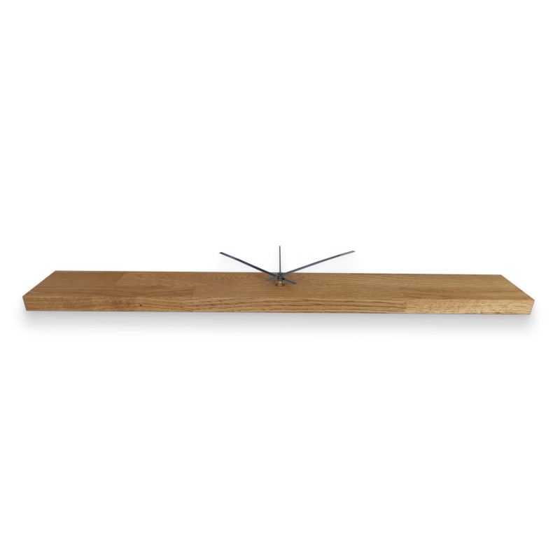 Elegant wall clock with a wooden base and loosely spaced black hour markers.