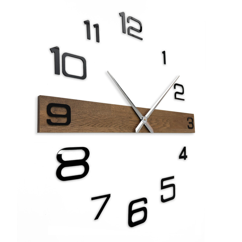 Luxurious wooden clock with a dark wooden band and black Arabic numerals.