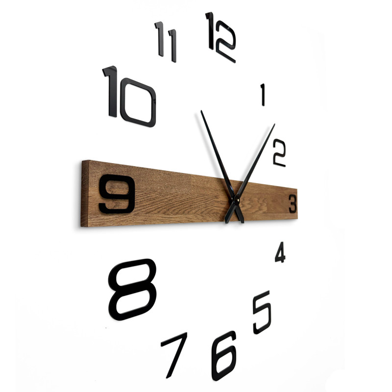Elegant wall clock with a wooden base and loosely spaced black hour markers.
