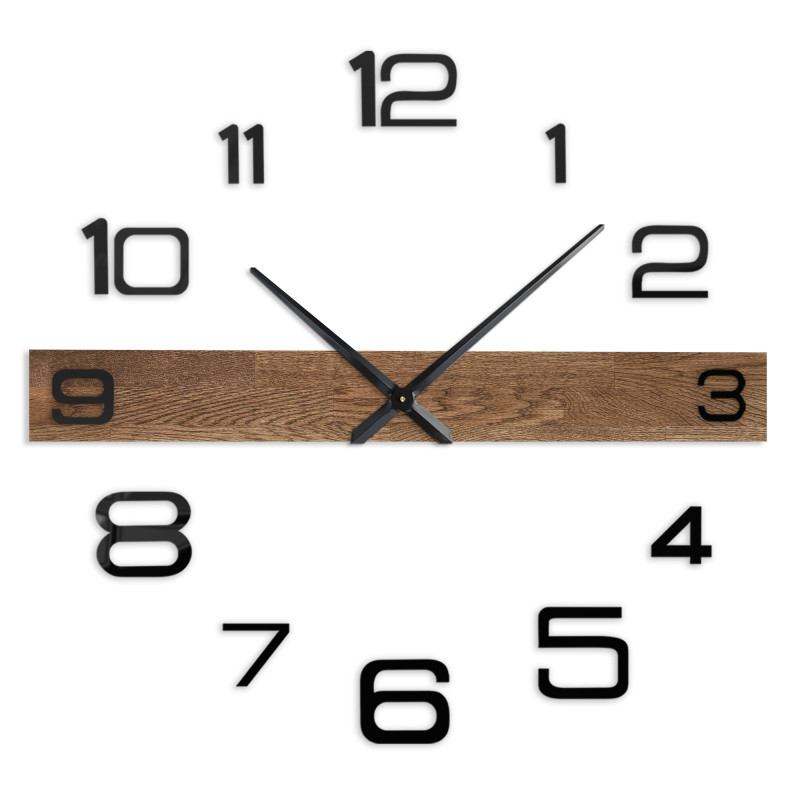 Modern wall clock with a wooden center bar and black, separate digits.