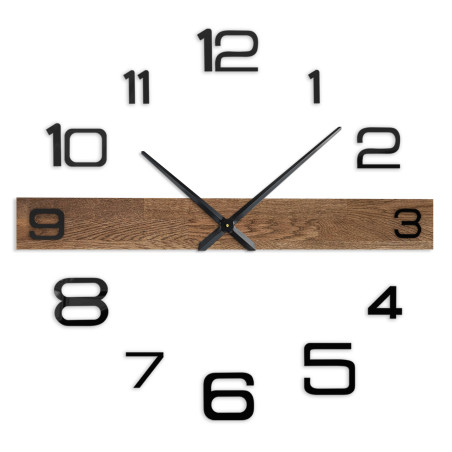 Modern wall clock with a wooden center bar and black, separate digits.