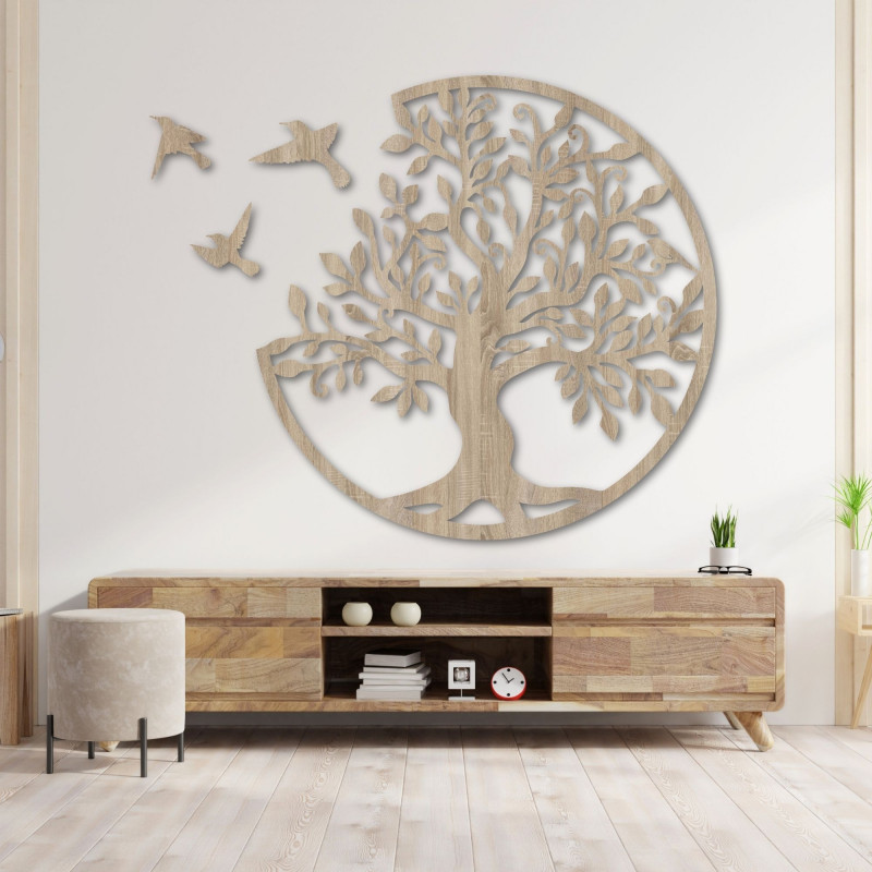 Modern wooden wall painting tree with birds