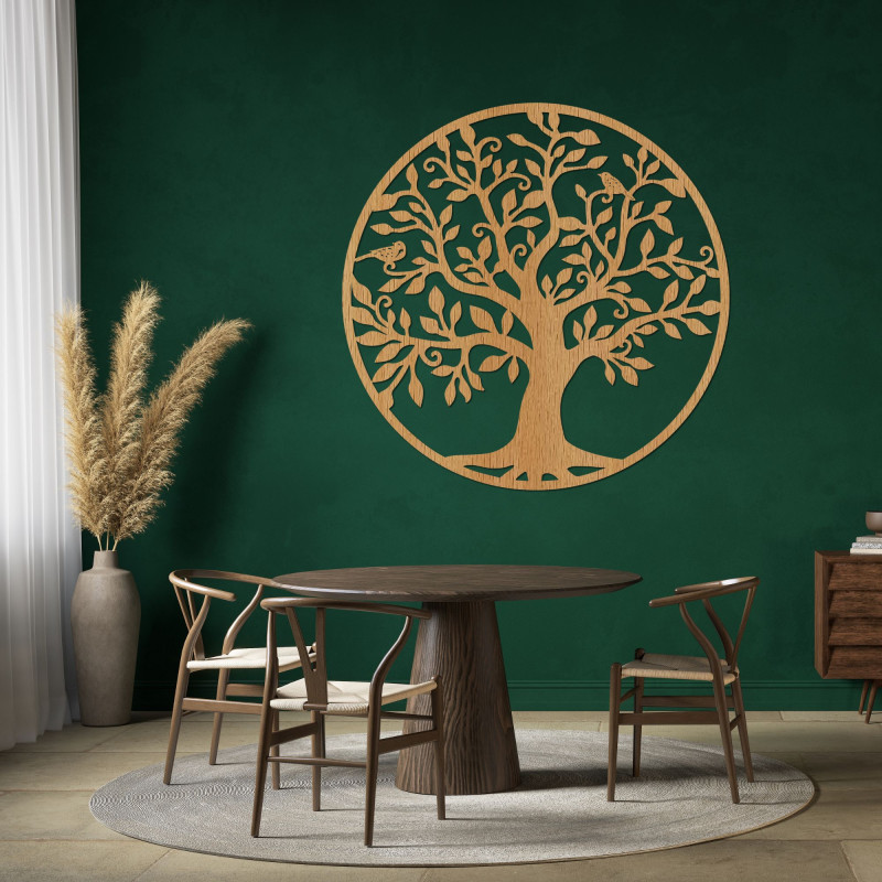 The symbolic tree of life in wooden design adds a touch of nature and spiritual balance to the home.