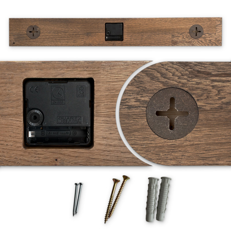 Wooden clock with a horizontal wooden element and black Arabic numerals, suitable for the living room.