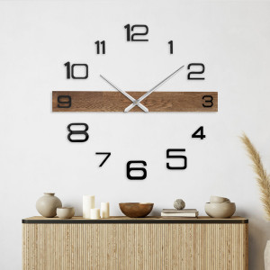 Minimalist wall clock with a wooden part and black, easily visible numbers.