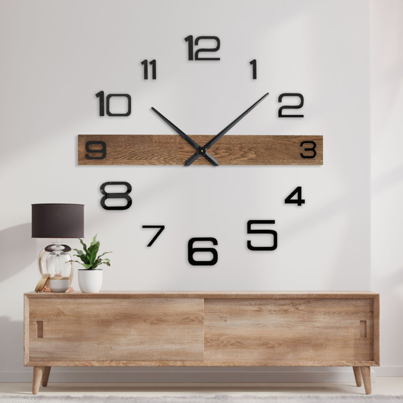 Modern wall clock with a wooden center bar and black, separate digits.