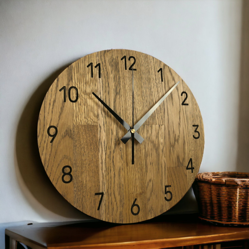 Oak wall clock, modern minimalist design, quiet operation