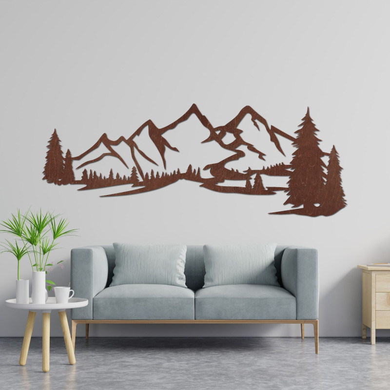 Wooden wall art with a mountain motif, large...