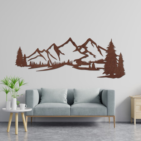 Wooden wall art with a mountain motif, large forest landscape - interior decoration - TRARTE
