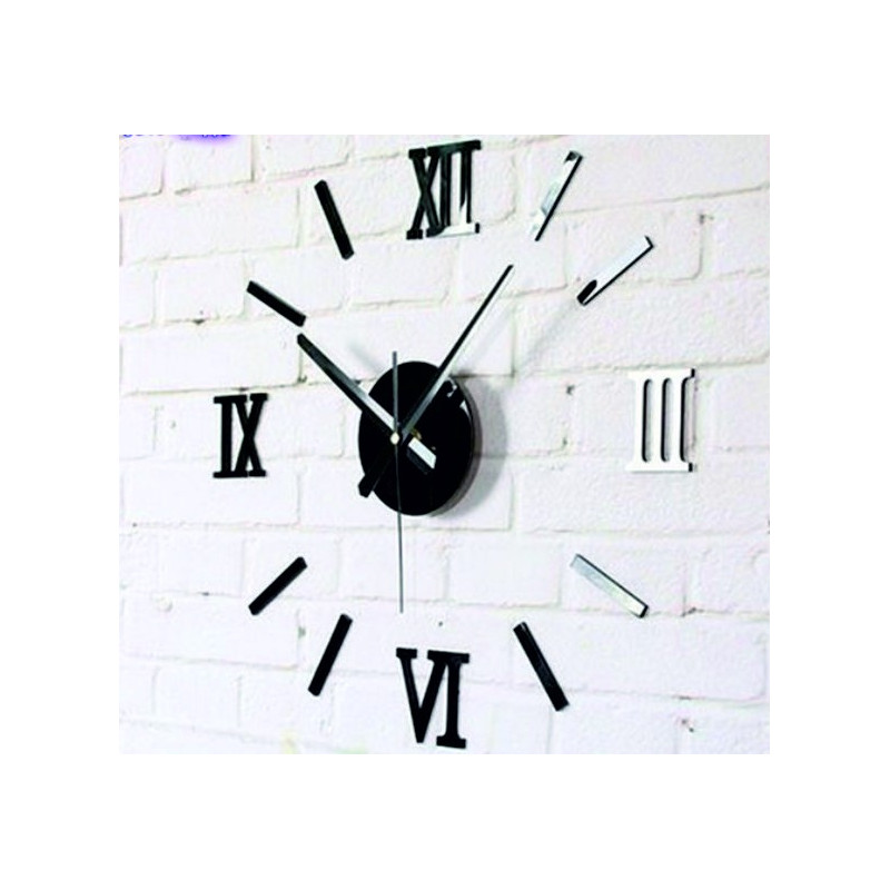 Modern adhesive wall clock with Roman numerals, mirrored.