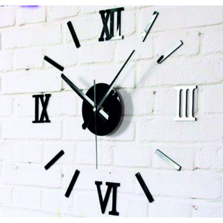 Modern adhesive wall clock with Roman numerals, mirrored. Modern adhesive wall clock with Roman numerals, mirrored.