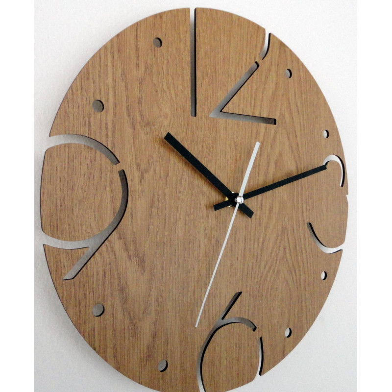 Elegant HDF clock with carved numerals and a wooden surface in oak decor.
