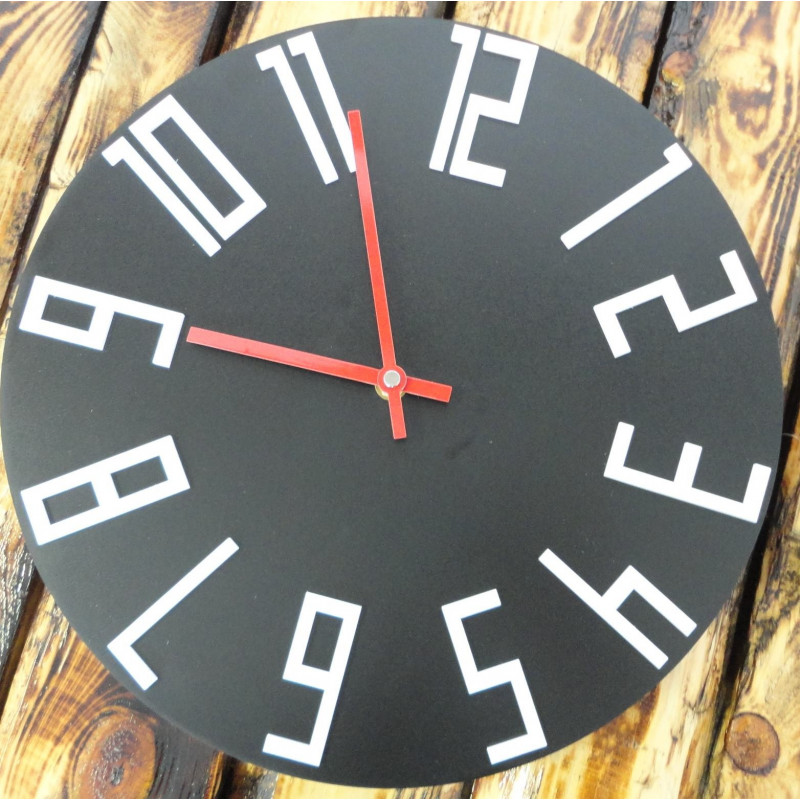 Wooden wall clock made of HDF black - white numbers