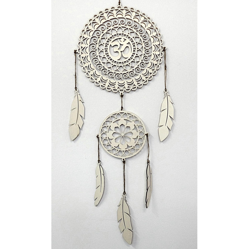 Spiritual dream catcher OM, wooden wall decoration, feathers made of poplar plywood, boho style.