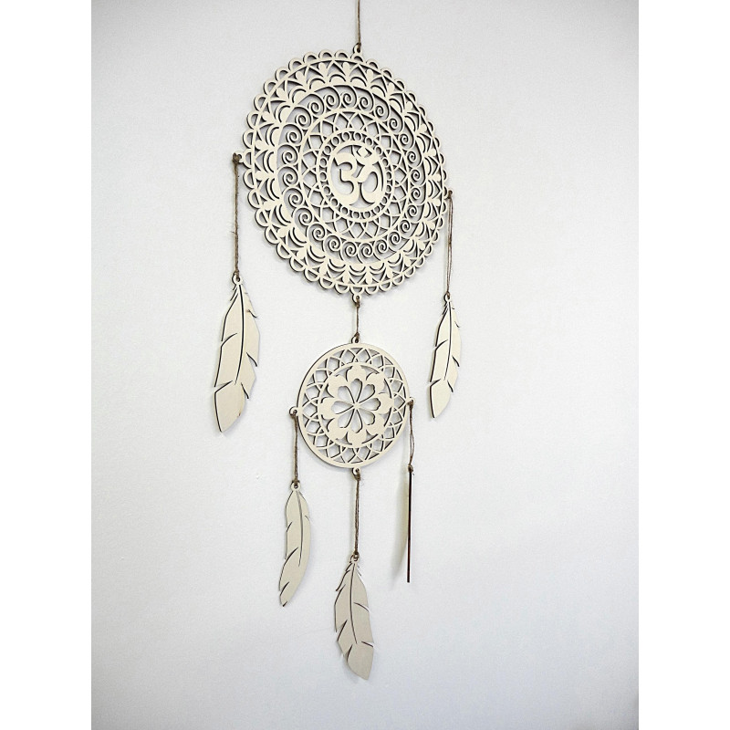 Wooden dream catcher with OM mandala, hand-finished, natural decoration suitable as a gift.