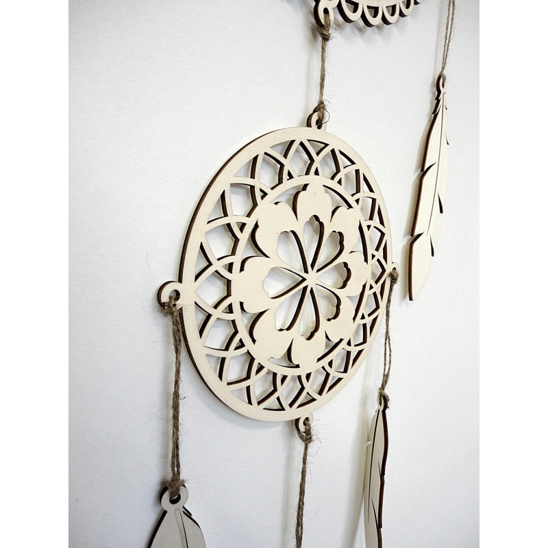 Boho decoration dream catcher made of wood, OM symbol, feathers made of poplar plywood, interior accessory.