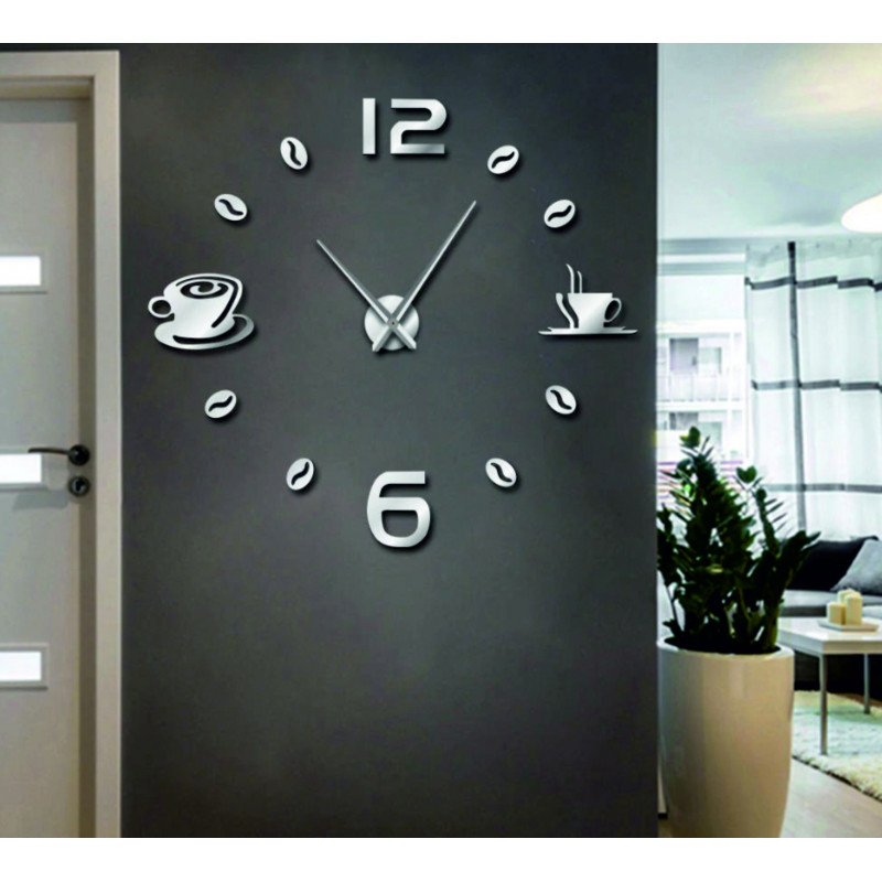 Large adhesive wall clock in a modern dining room interior