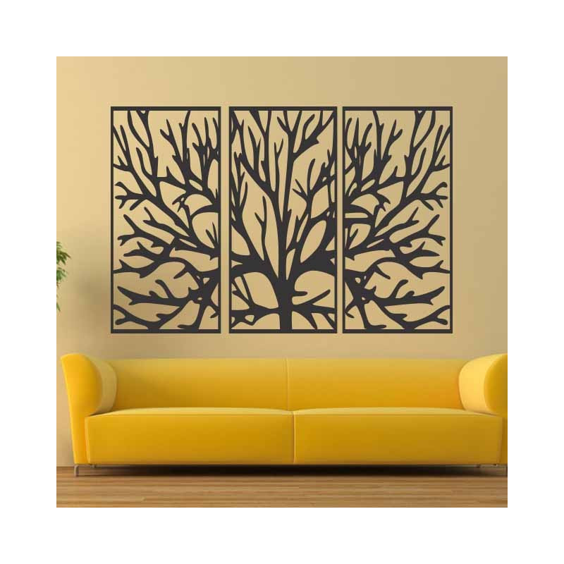 Wooden plywood wall painting of tree branches in a frame / 3 pieces of frame / FERO