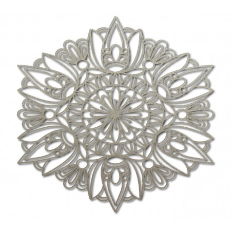 Carved flower mandala wooden picture on a plywood wall
