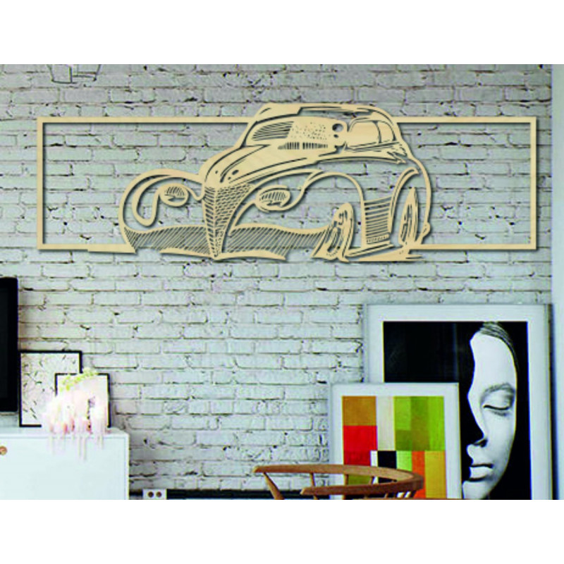 Large wooden wall painting of a car